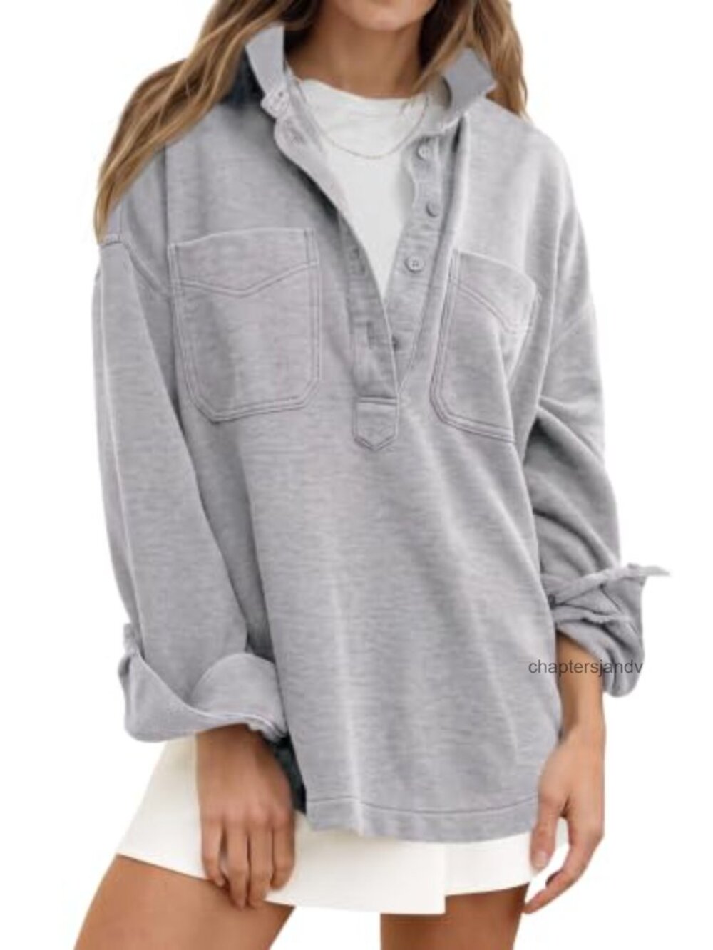 Oversized Henley V Neck Pullover Sweatshirt Casual Long Sleeve Top